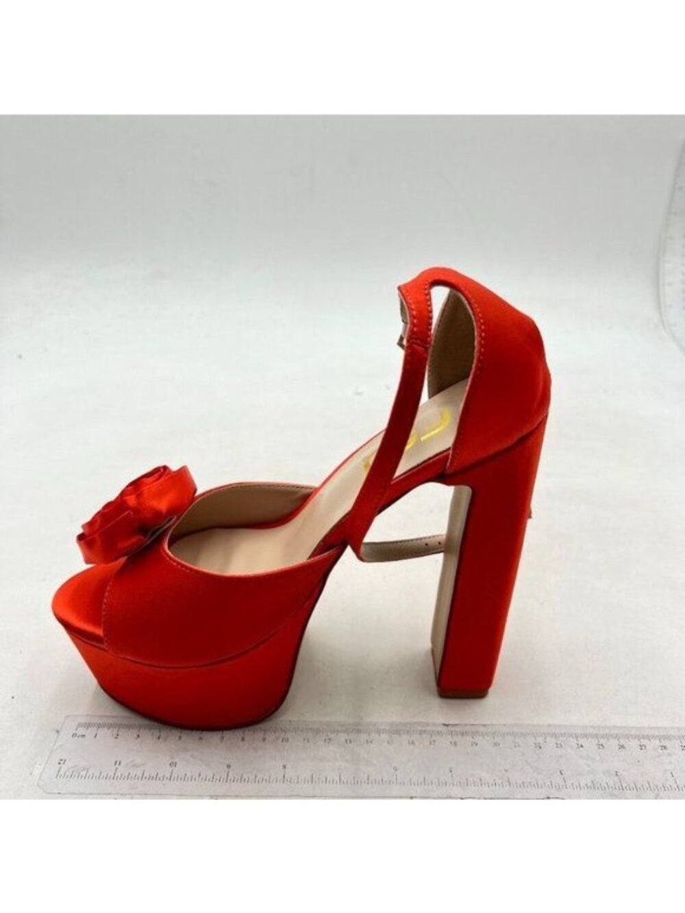 FSJ Ankle Strap Buckle Sexy Platform High Chunky Heels Flower Red Satin Shoes